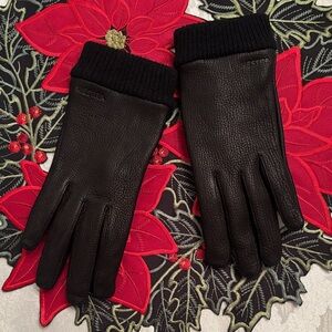 Hestra Idun Black Leather Gloves Deerskin Rib Knitted Cuff Wool Blend Lining